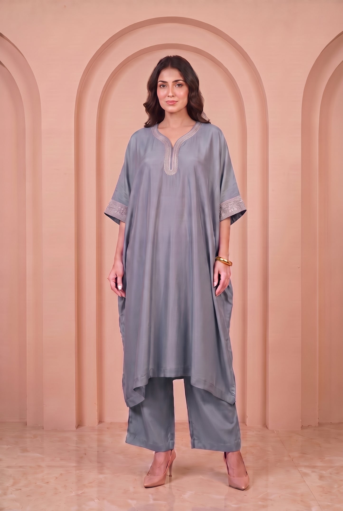 Stone Blue Mul Kaftaan Set
