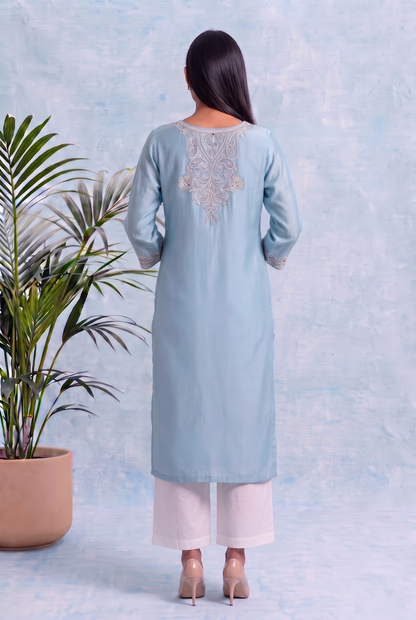 Powder Blue Pheran Set with Aari Embroidery