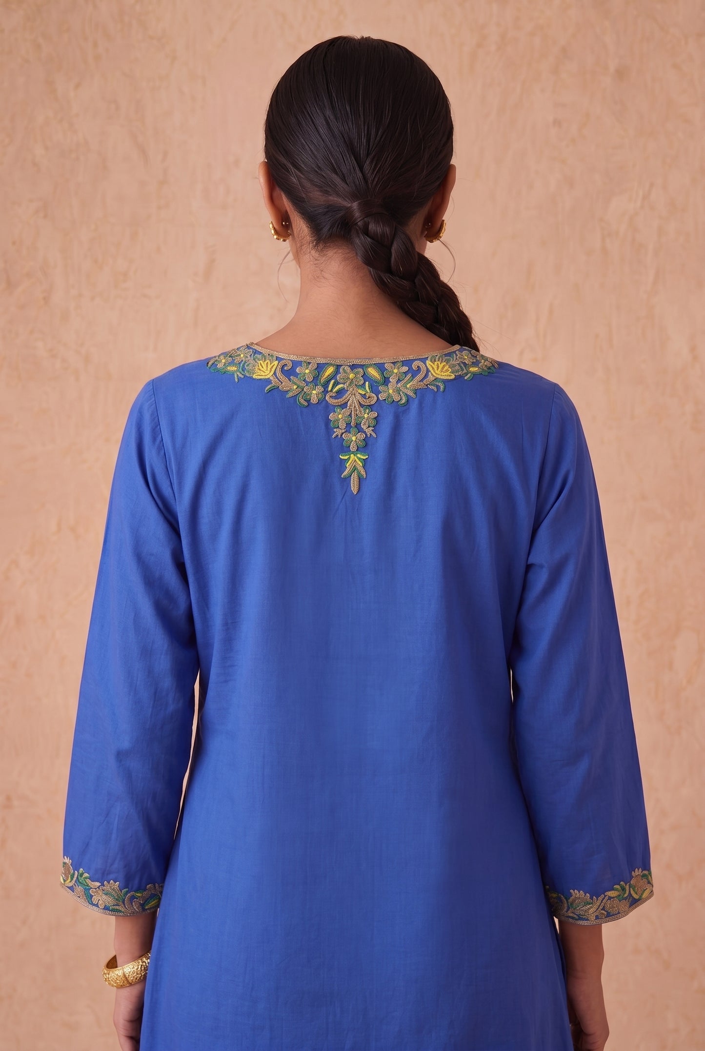 Sapphire Blue A Line Kurta Set With Aari Embroidery