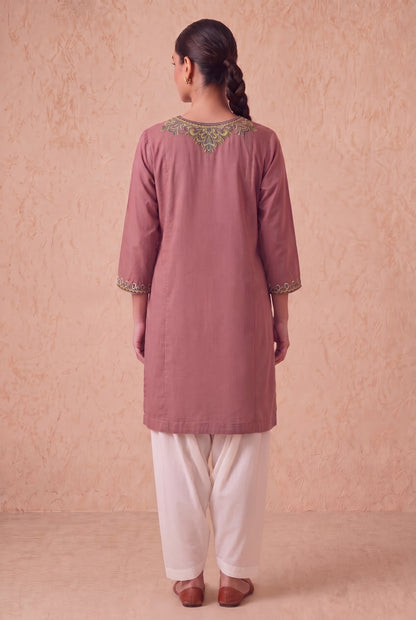 Vintage Rose A-Line Kurta Set with Aari Embroidery