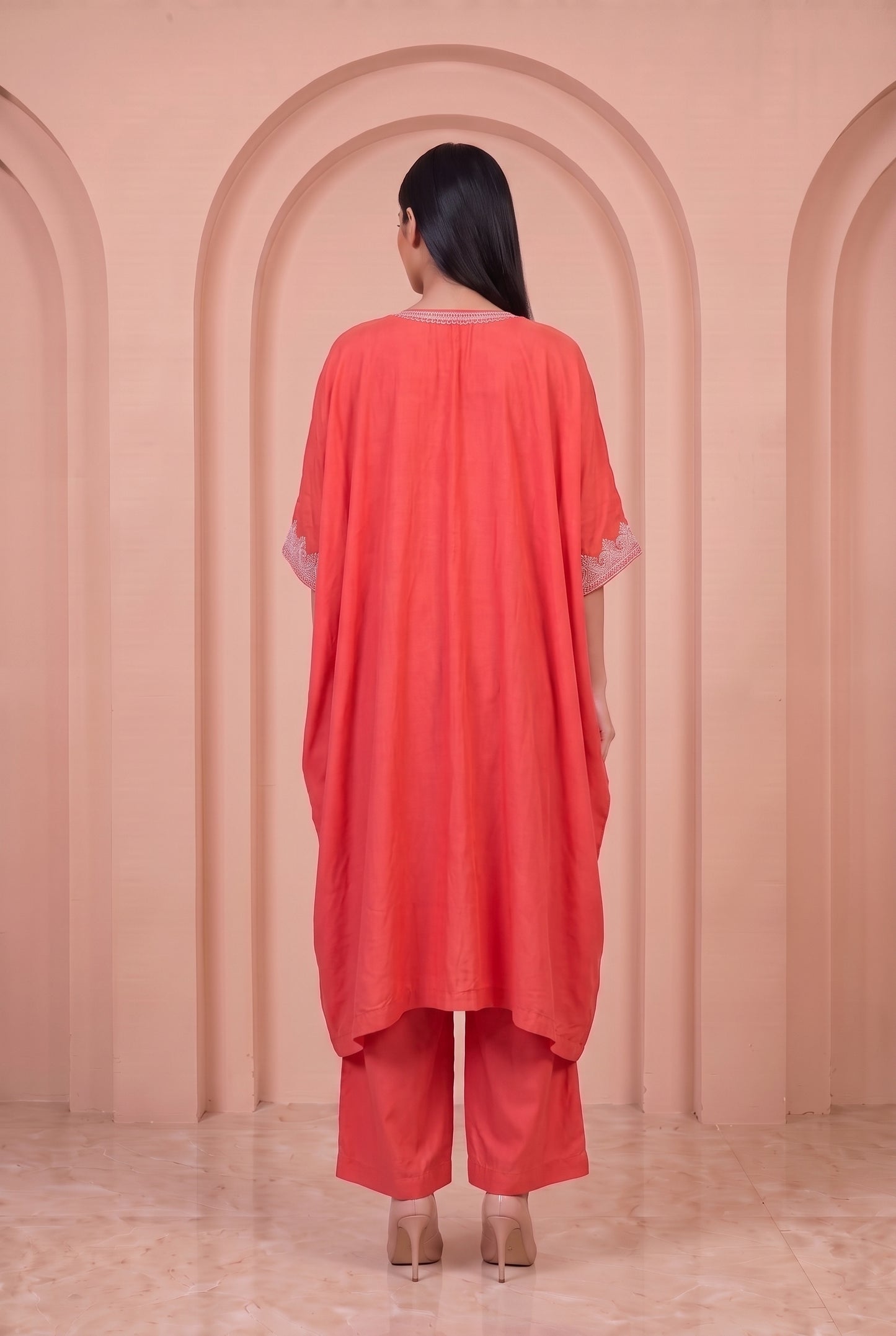 Coral Glow Mul Kaftaan Set