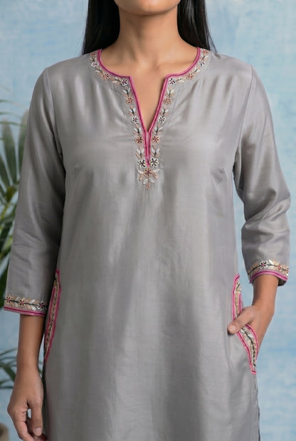 Silver Mist Pheran Set with Aari Embroidery
