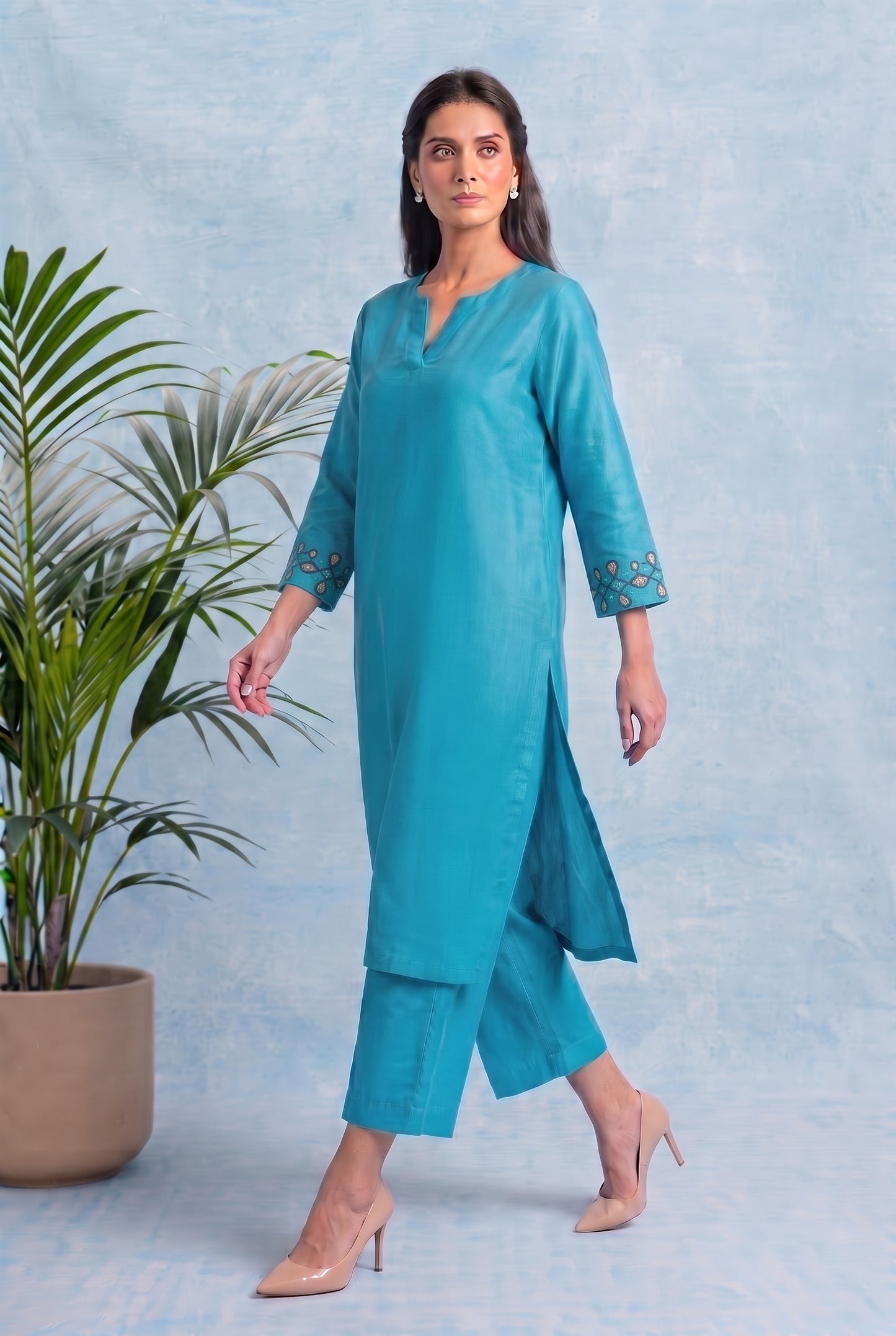 Aqua Mist Pheran Set with Aari Embroidery
