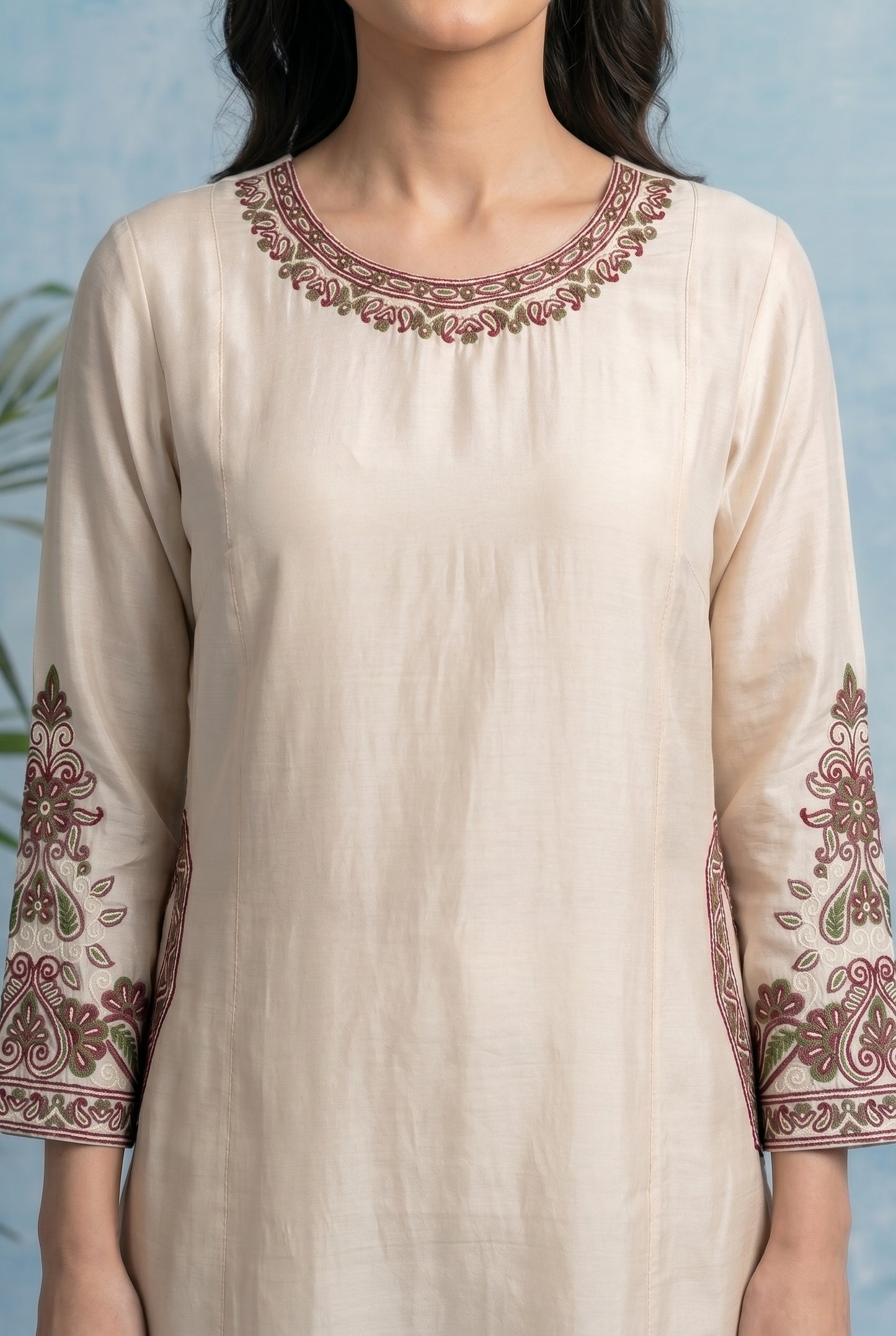 Ivory Pearl Pheran Set with Aari Embroidery