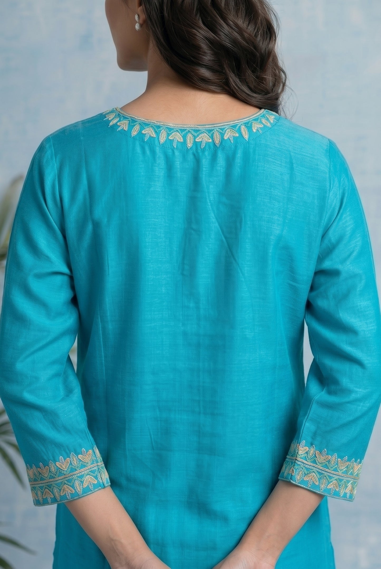 Turquoise Tide Pheran Set with Aari Embroidery
