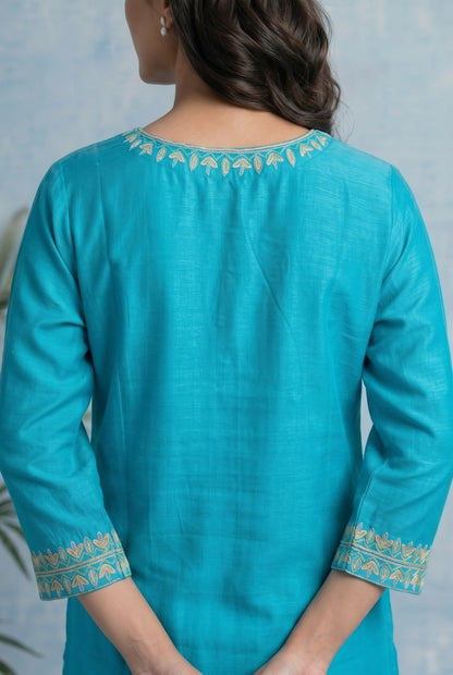 Turquoise Tide Pheran Set with Aari Embroidery