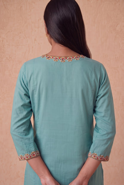 Sea Mist A Line Kurta Set With Aari Embroidery