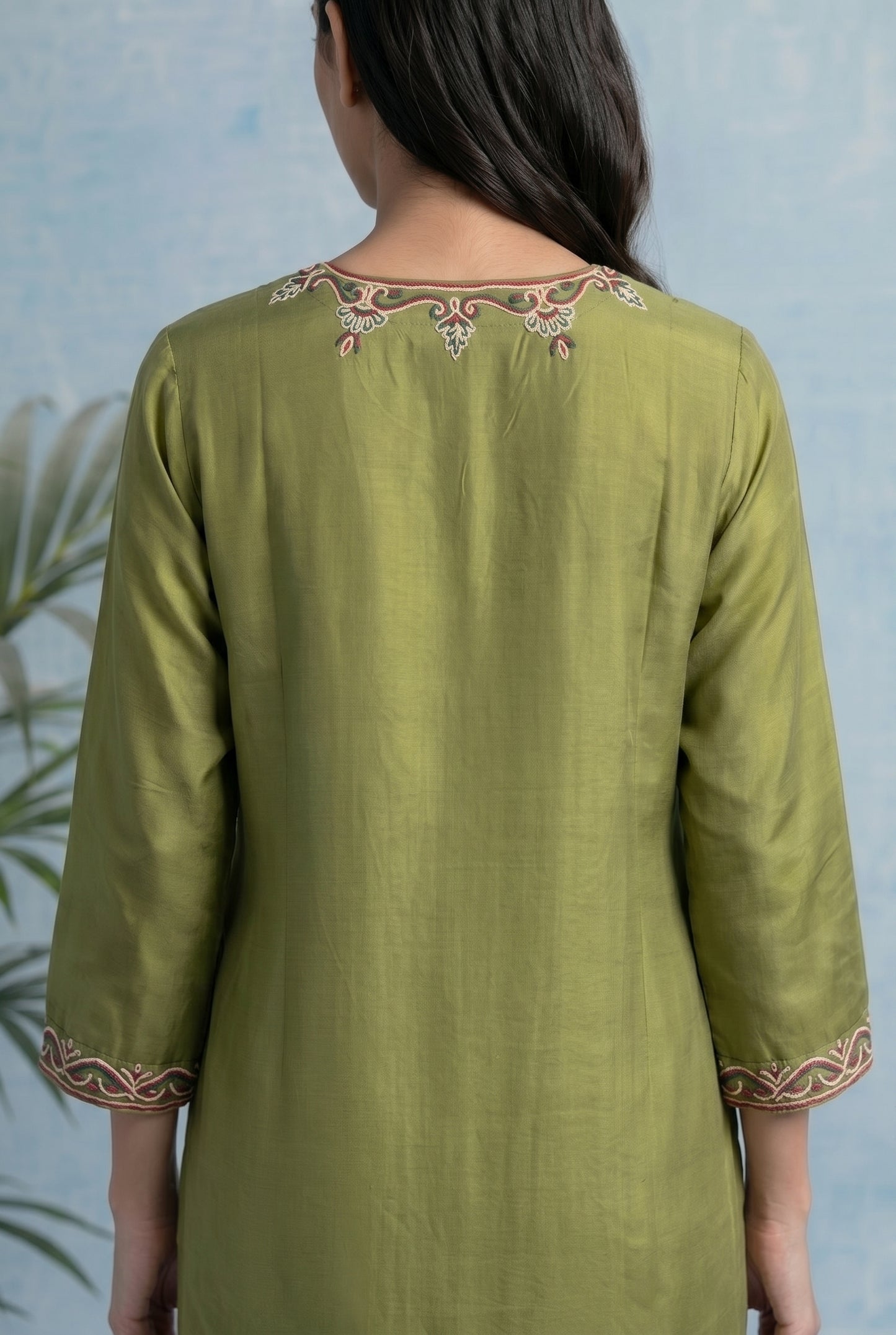Olive Grove Pheran Set with Aari Embroidery