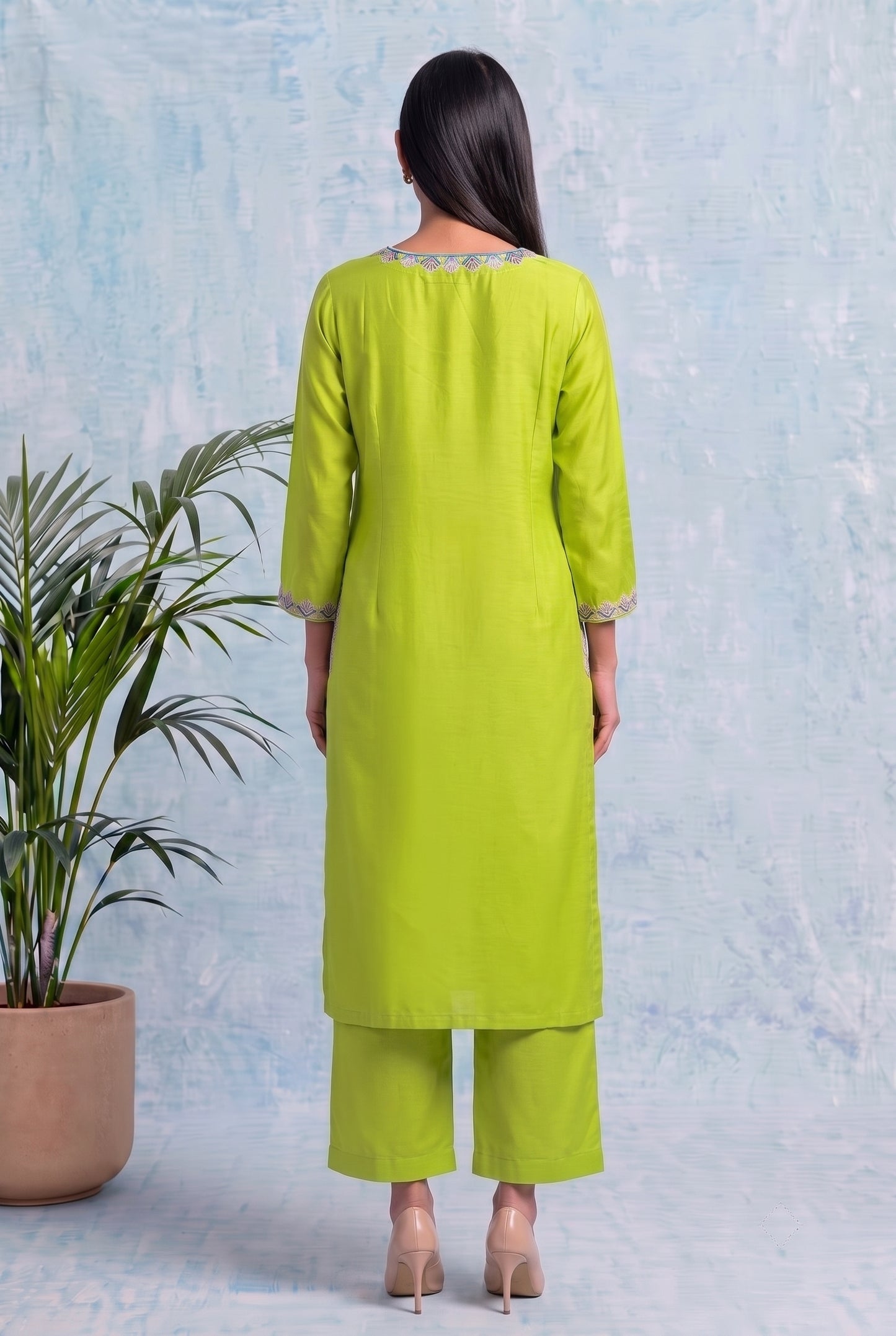 Lime Zest Pheran Set with Aari Embroidery