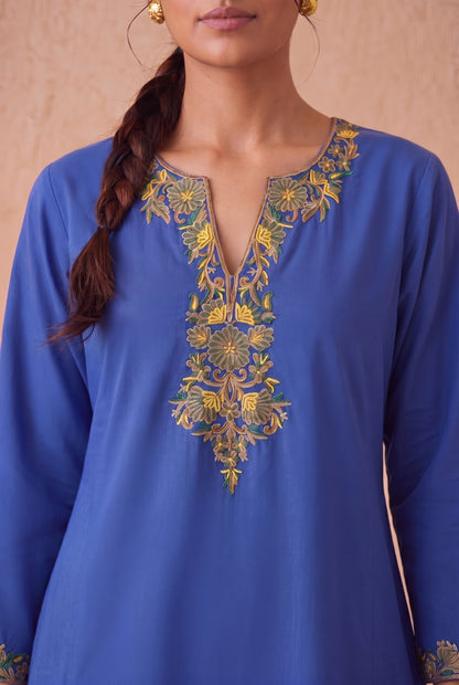Sapphire Blue A Line Kurta Set With Aari Embroidery