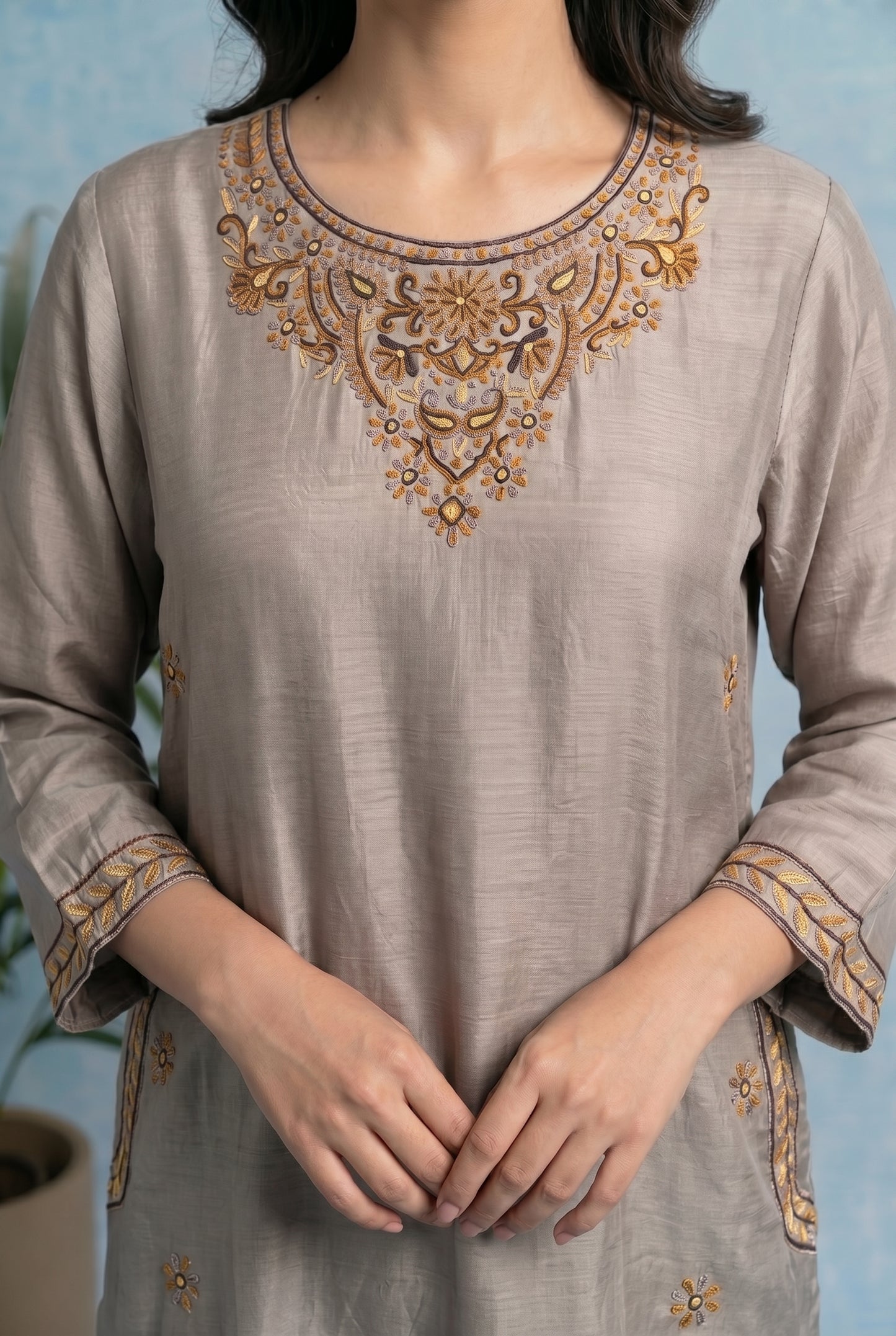 Moonstone Grey Pheran Set with Aari Embroidery