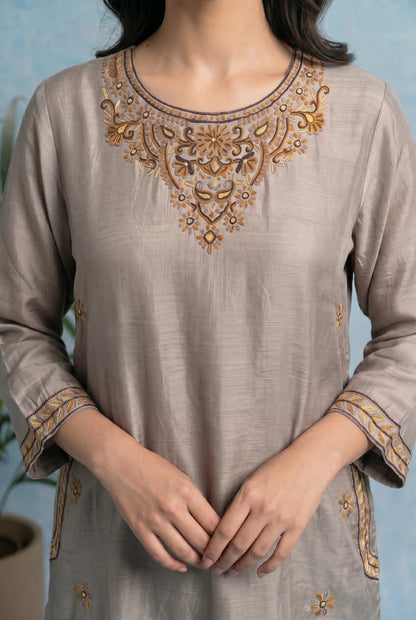 Moonstone Grey Pheran Set with Aari Embroidery
