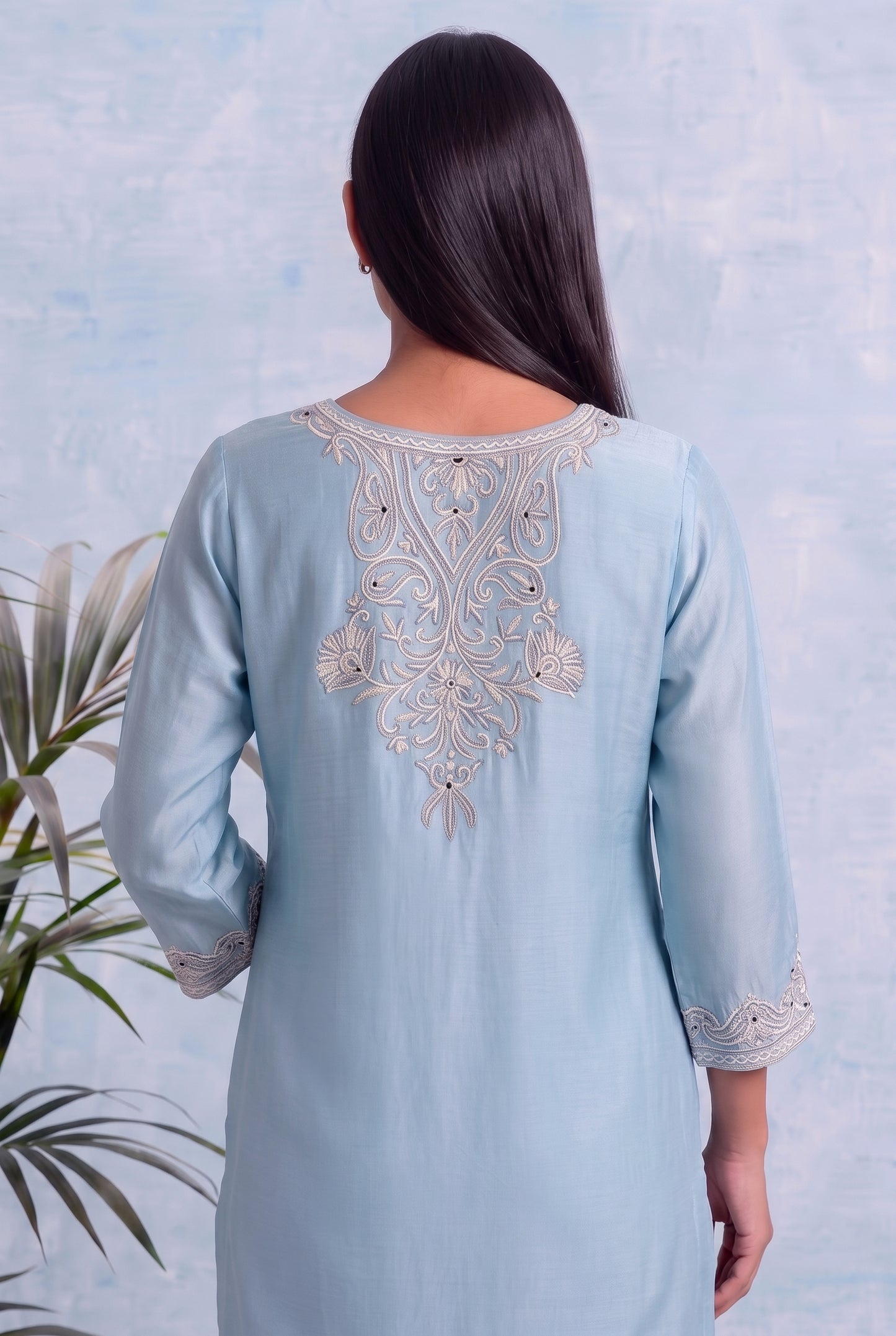Powder Blue Pheran Set with Aari Embroidery