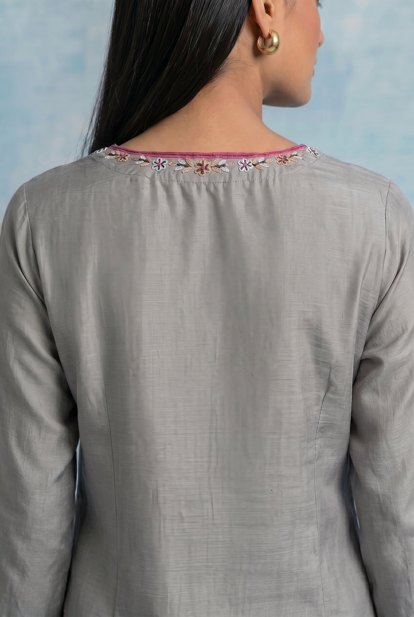 Silver Mist Pheran Set with Aari Embroidery