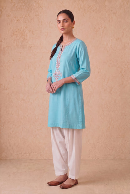 Blue Mist a Line Kurta Set with Aari Embroidery