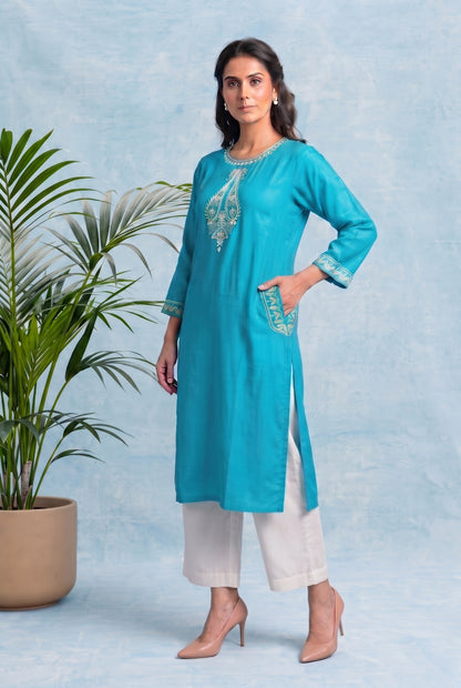 Turquoise Tide Pheran Set with Aari Embroidery