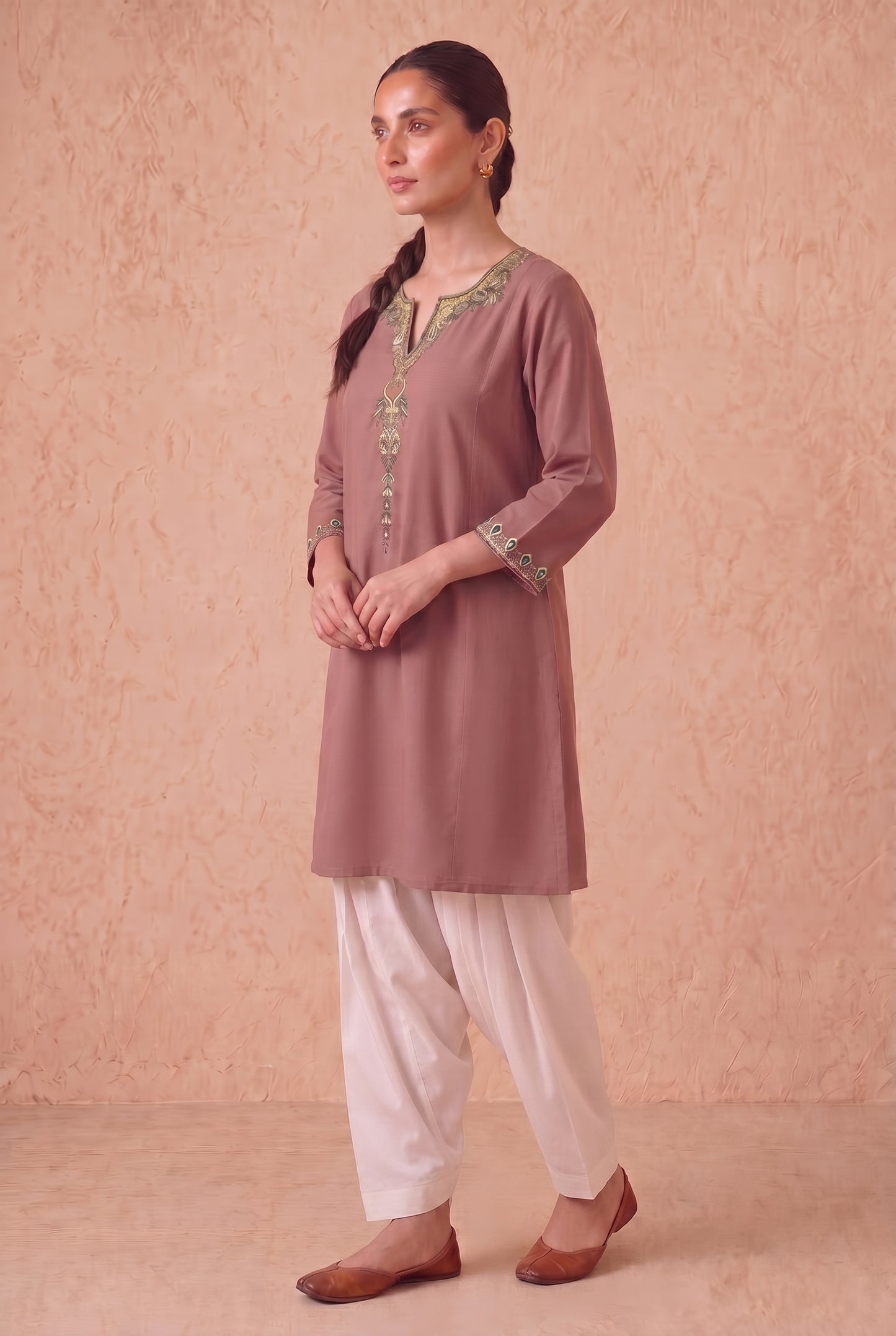 Vintage Rose A-Line Kurta Set with Aari Embroidery