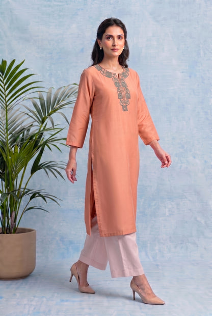 Blush Peach Pheran Set with Aari Embroidery