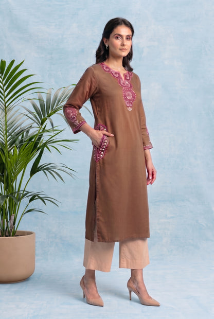 Cocoa Bloom Pheran Set with Aari Embroidery