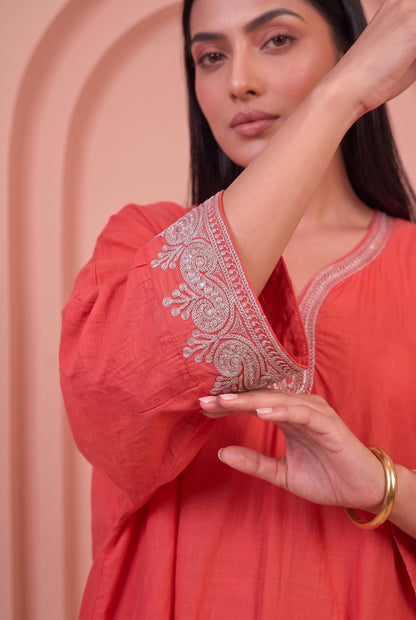 Coral Glow Mul Kaftaan Set