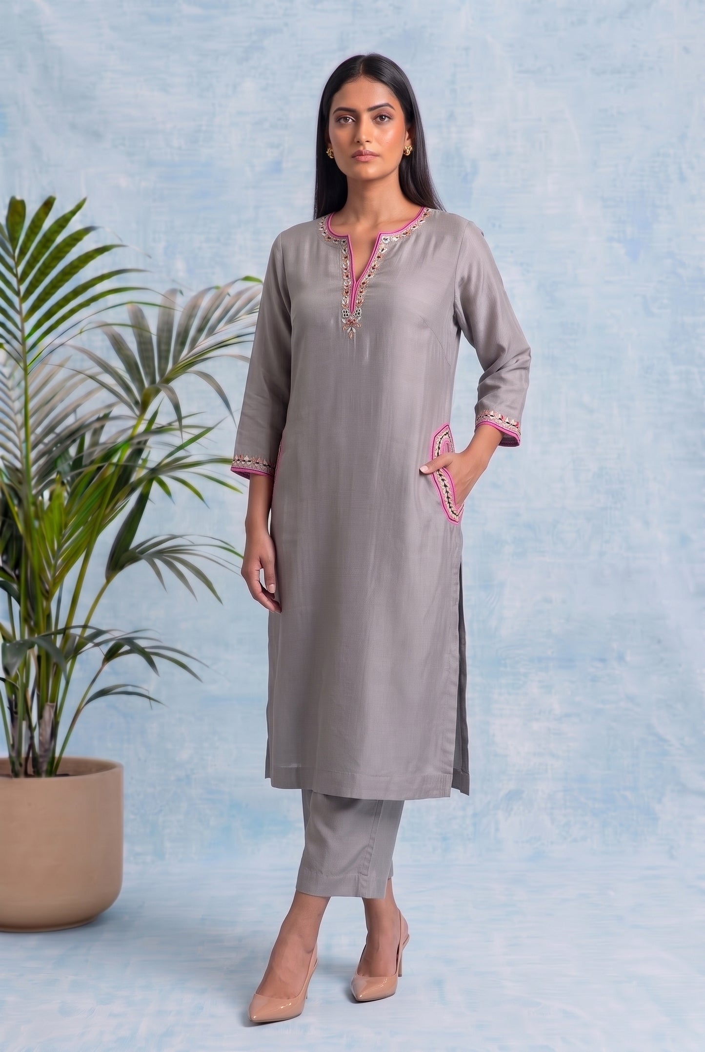 Silver Mist Pheran Set with Aari Embroidery