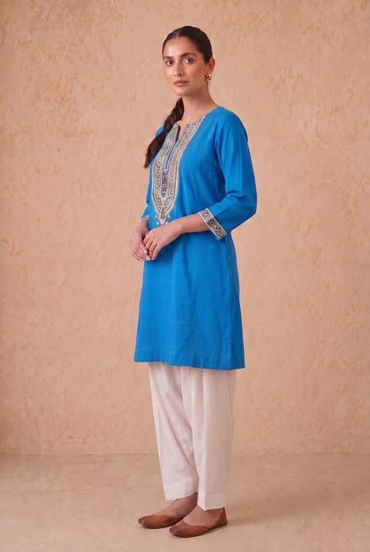 Azure Blue a Line Kurta Set with Aari Embroidery