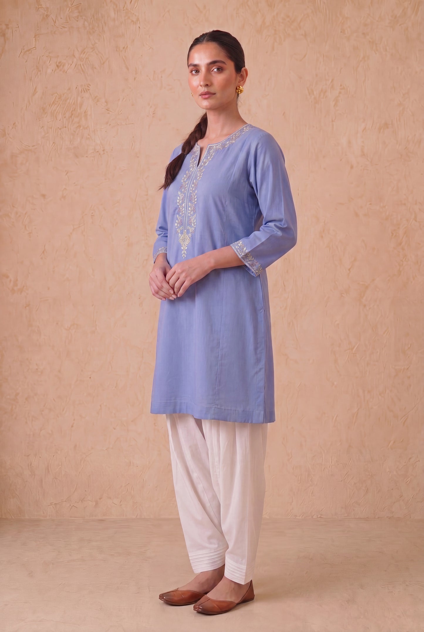 Misty Blue A Line Kurta Set With Aari Embroidery