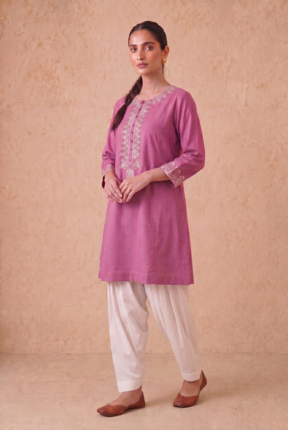 Rosewood Orchid a Line Kurta Set with Aari Embroidery