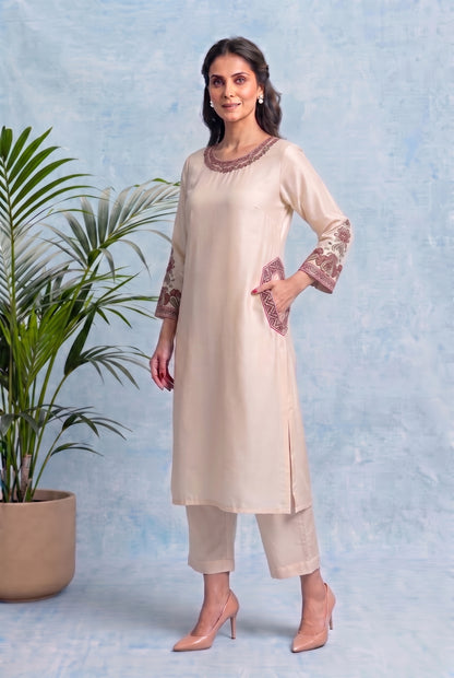 Ivory Pearl Pheran Set with Aari Embroidery