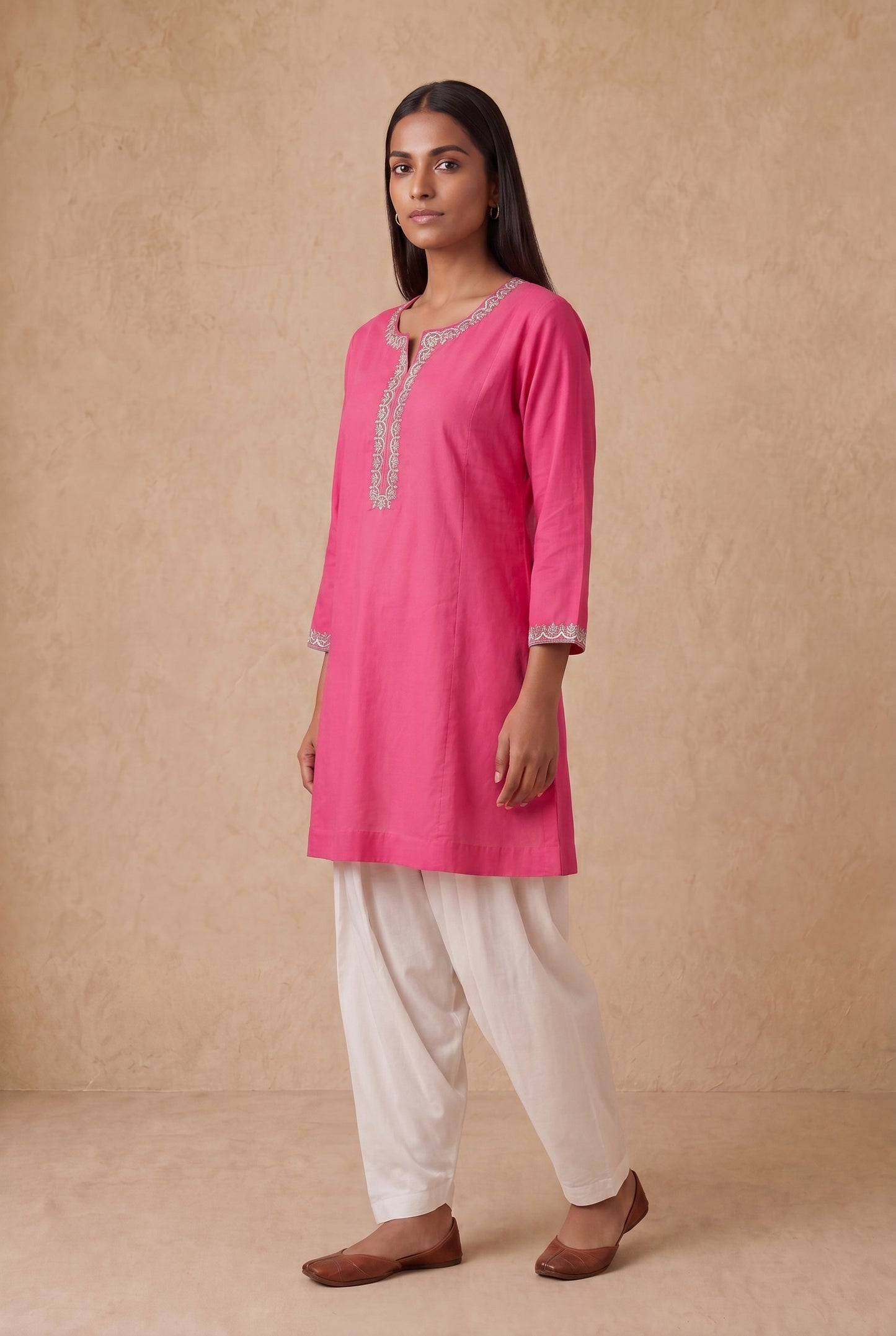 Pink Petala Line Kurta Set with Aari Embroidery