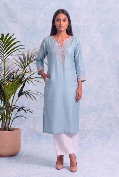 Powder Blue Pheran Set with Aari Embroidery