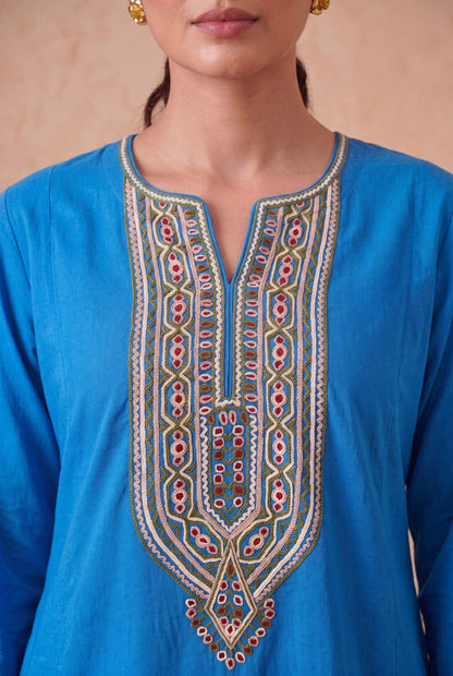Azure Blue a Line Kurta Set with Aari Embroidery