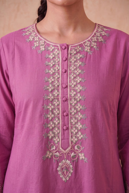 Rosewood Orchid a Line Kurta Set with Aari Embroidery