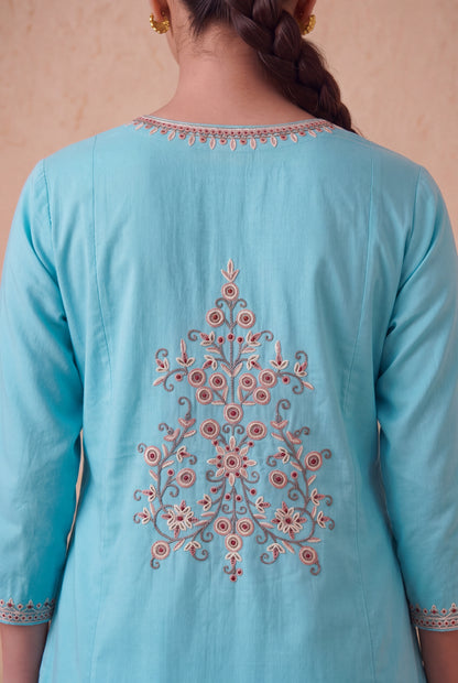 Blue Mist a Line Kurta Set with Aari Embroidery