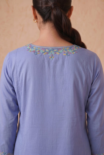 Misty Blue a Line Kurta Set with Aari Embroidery