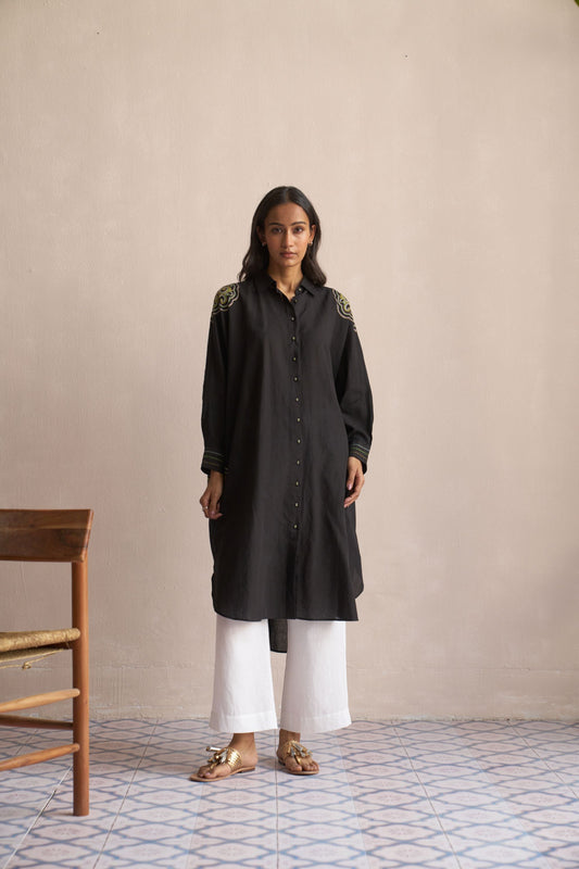 Linen Kaftan/ Black - Green drop down