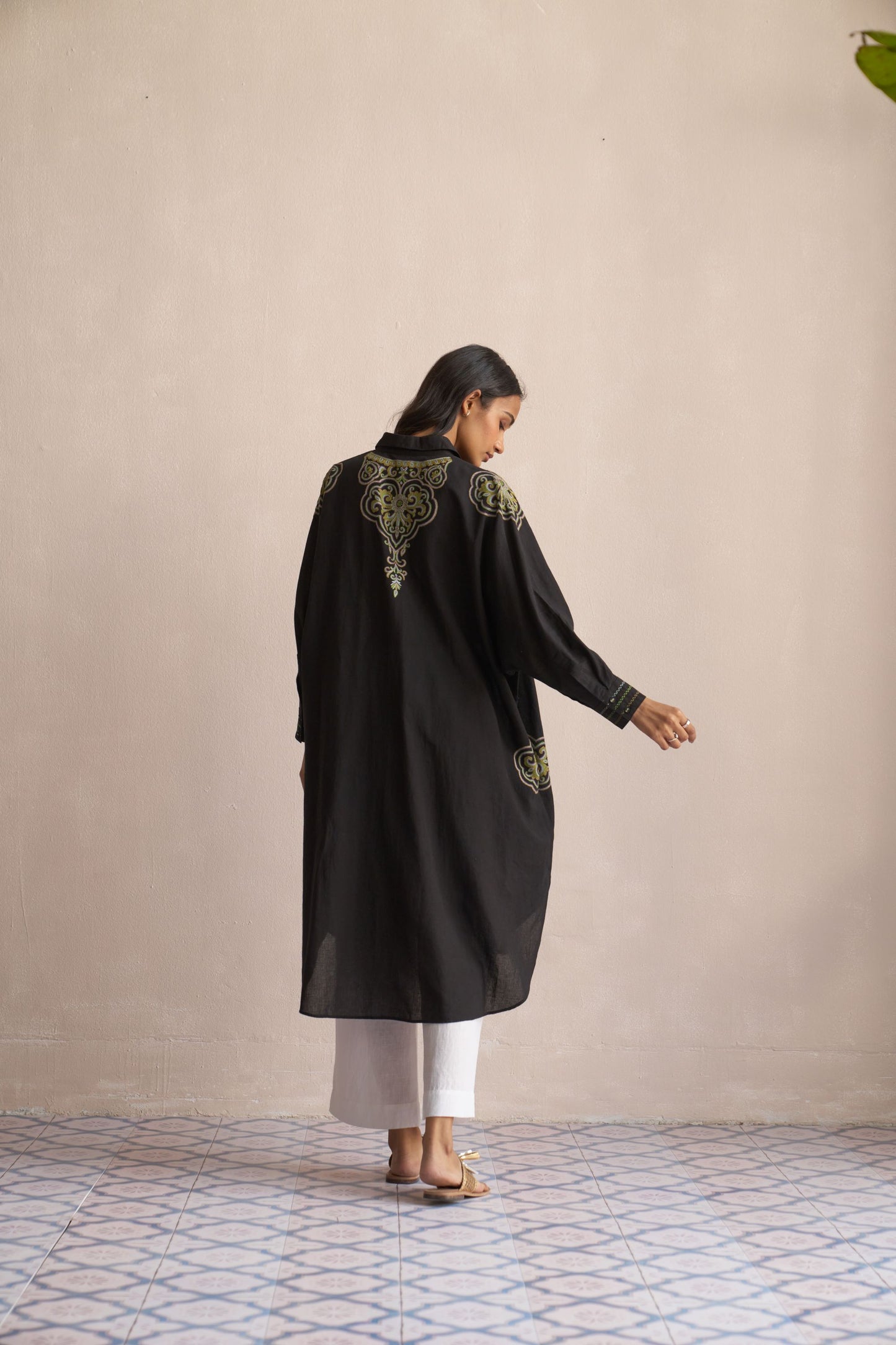 Linen Kaftan/ Black - Green drop down
