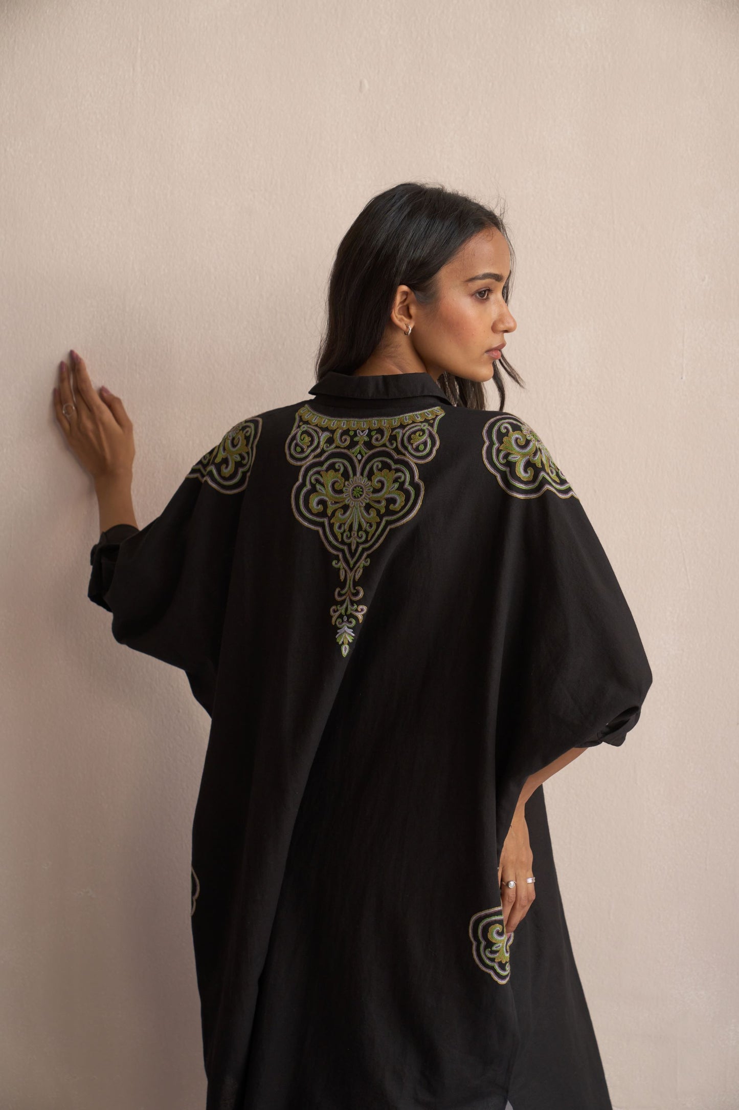 Linen Kaftan/ Black - Green drop down