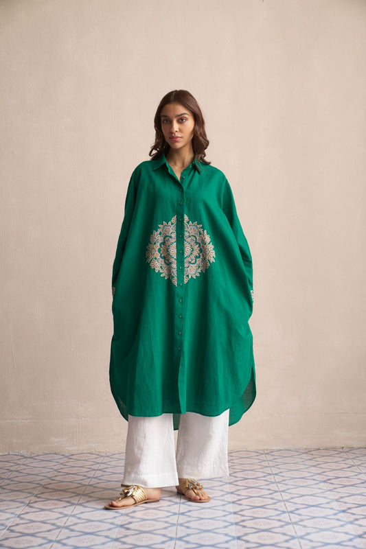 Linen Kaftan/ Emerald Green - Medallion