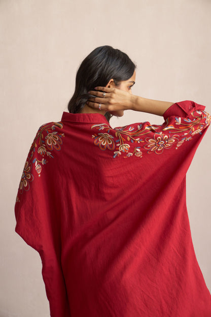 Linen Kaftan/Red - Shoulder fall embroidery