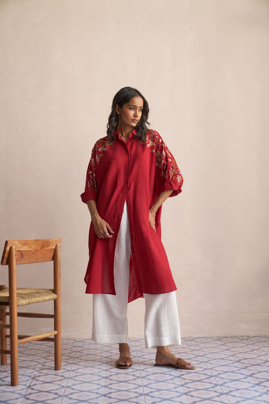 Linen Kaftan/Red - Shoulder fall embroidery