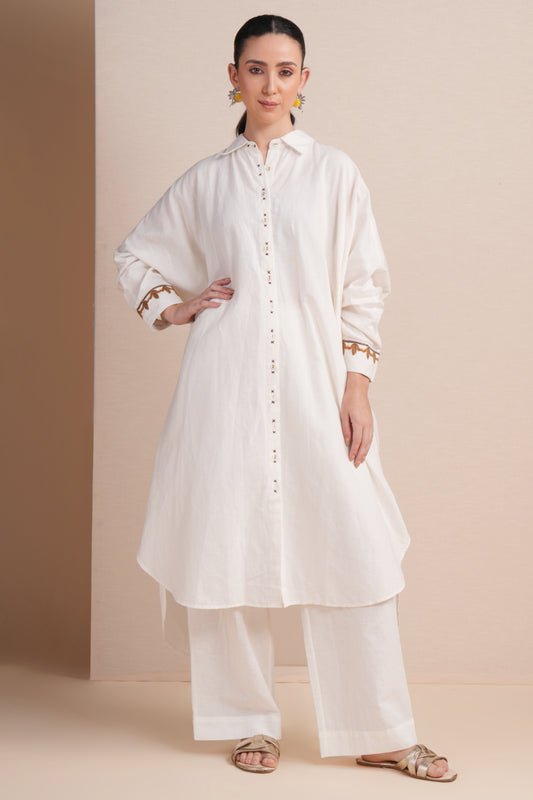 Linen White with Brown & orange Embroidery Kaftan Set