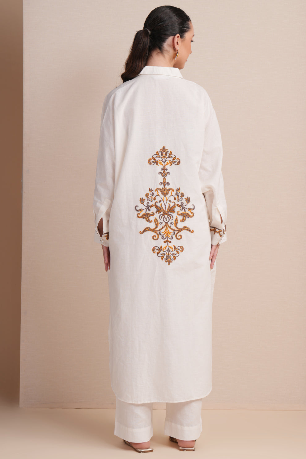 Linen White with Brown & orange Embroidery Kaftan Set