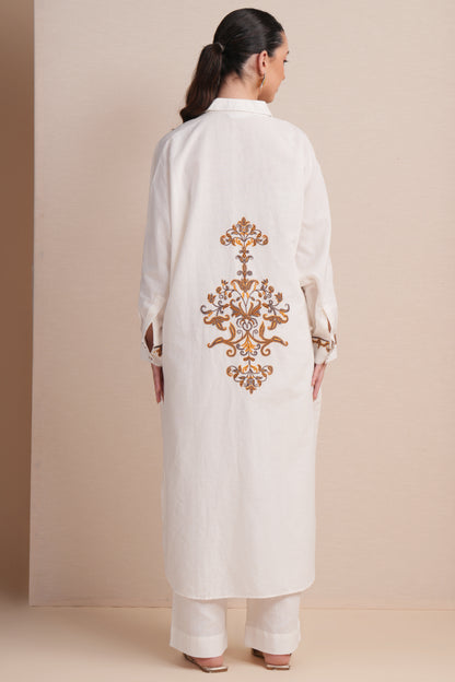 Linen White with Brown & orange Embroidery Kaftan Set