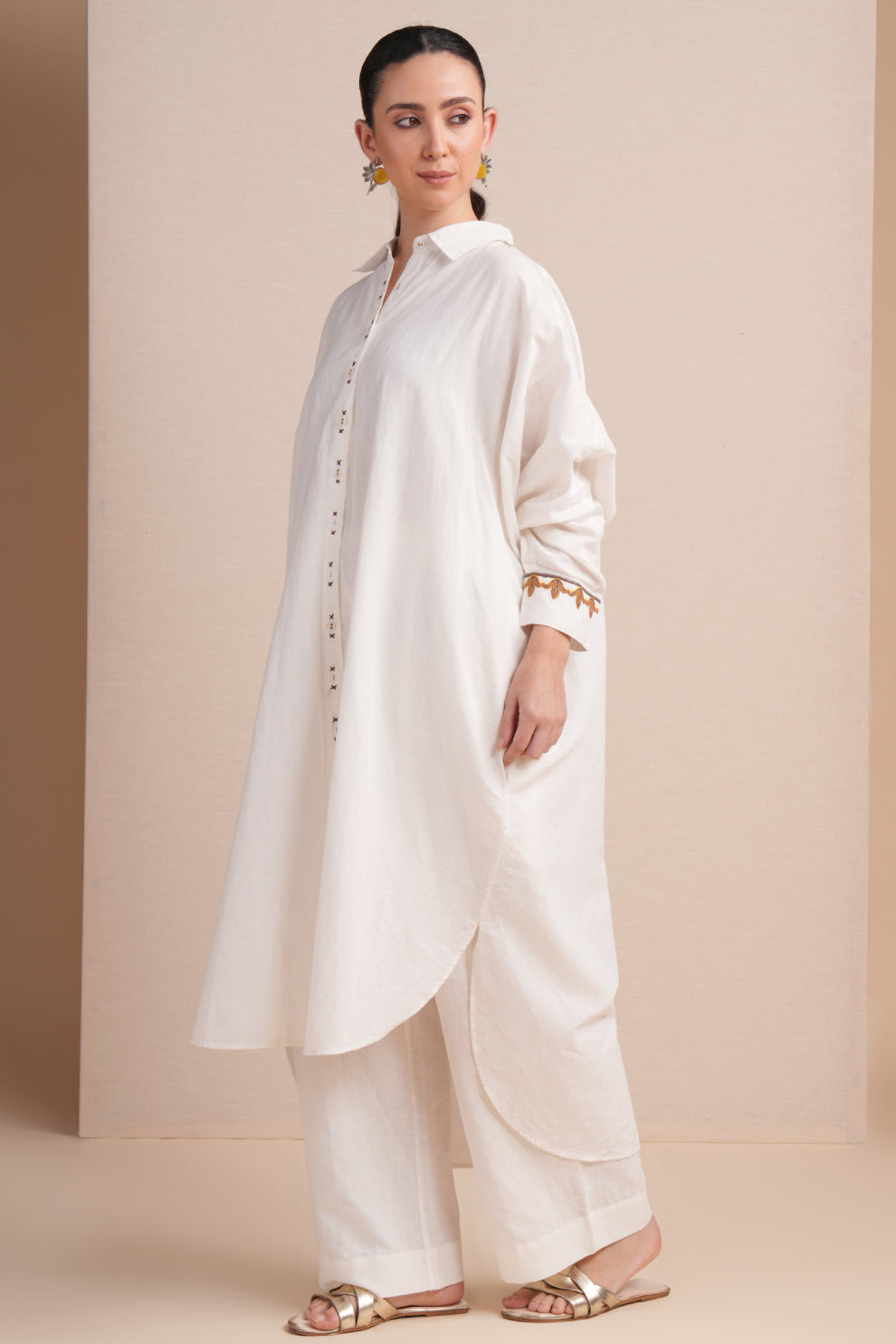 Linen White with Brown & orange Embroidery Kaftan Set