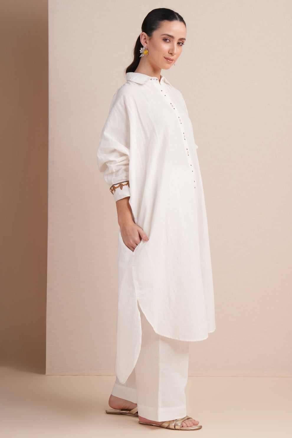 Linen White with Brown & orange Embroidery Kaftan Set
