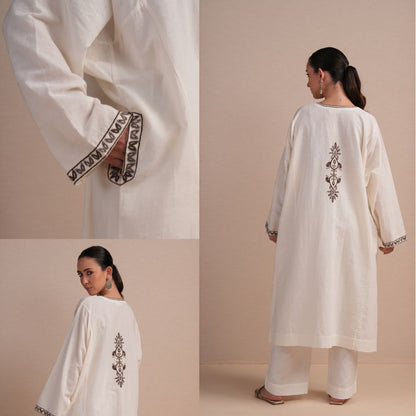 Linen White with Brown Embroidery Pheran Set