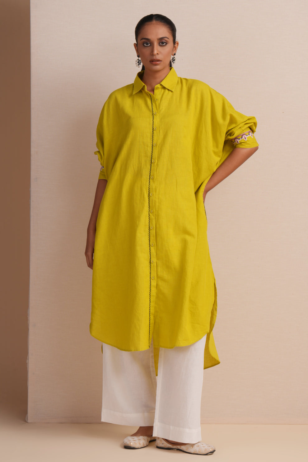Linen Apple Green Kaftan Set