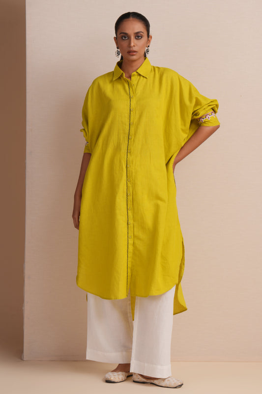 Linen Apple Green Kaftan Set
