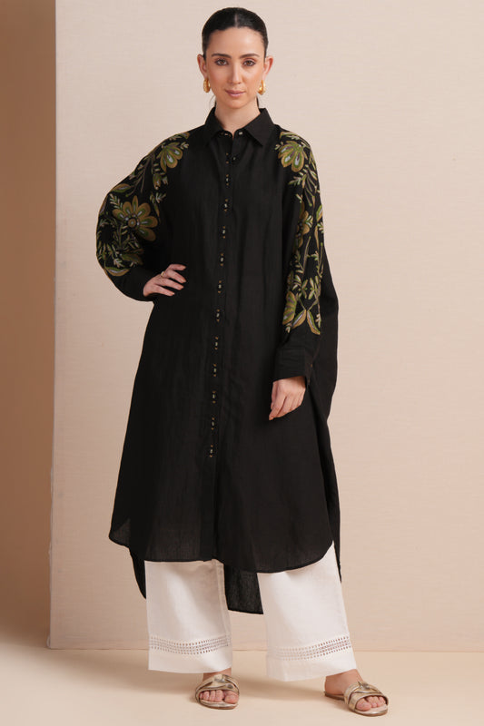 Linen Jet Black Kaftan Set